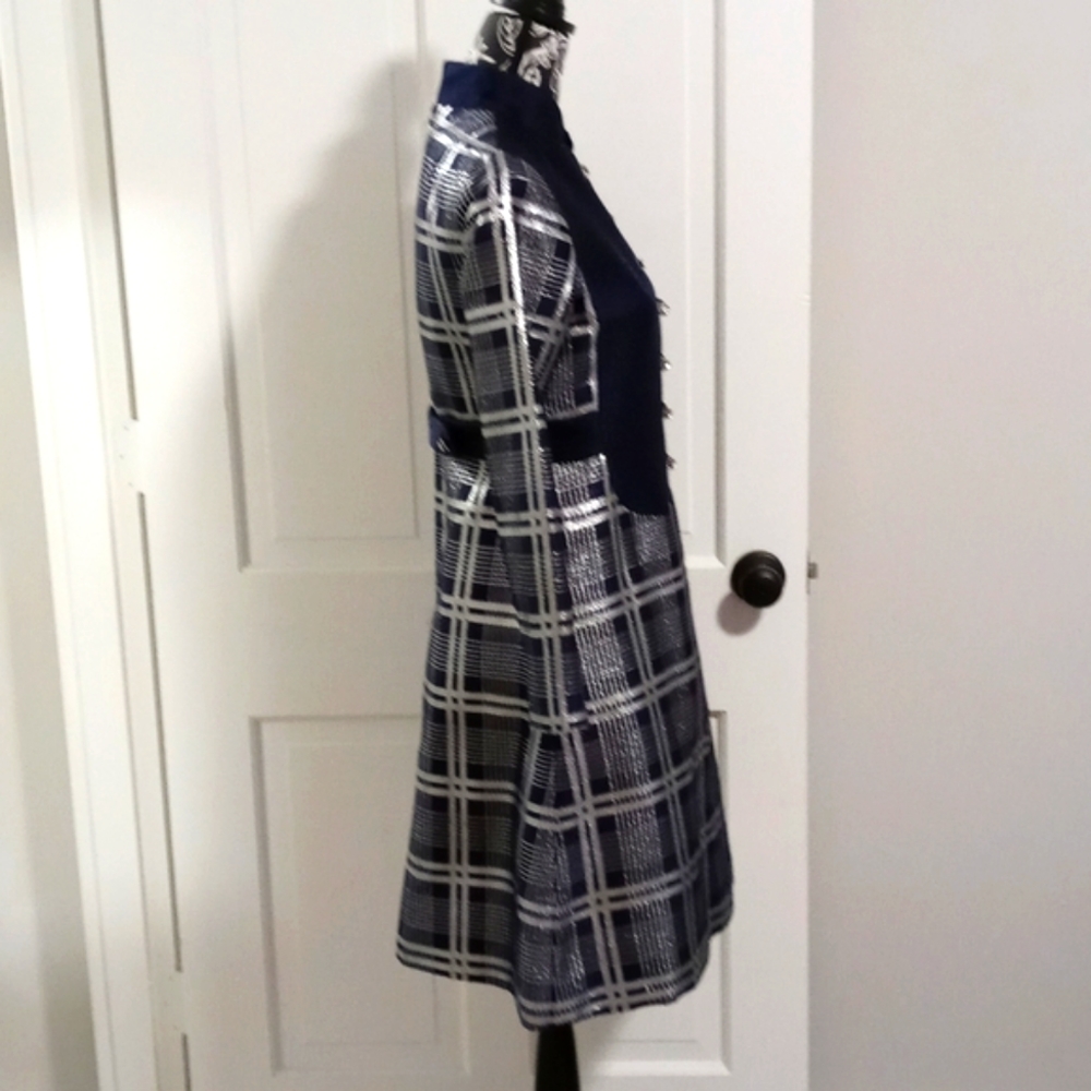 💙VTG 1960s Oscar de la Renta💙 - Navy Silk & Silver Metallic Plaid Mod Dress - Picture 9 of 16